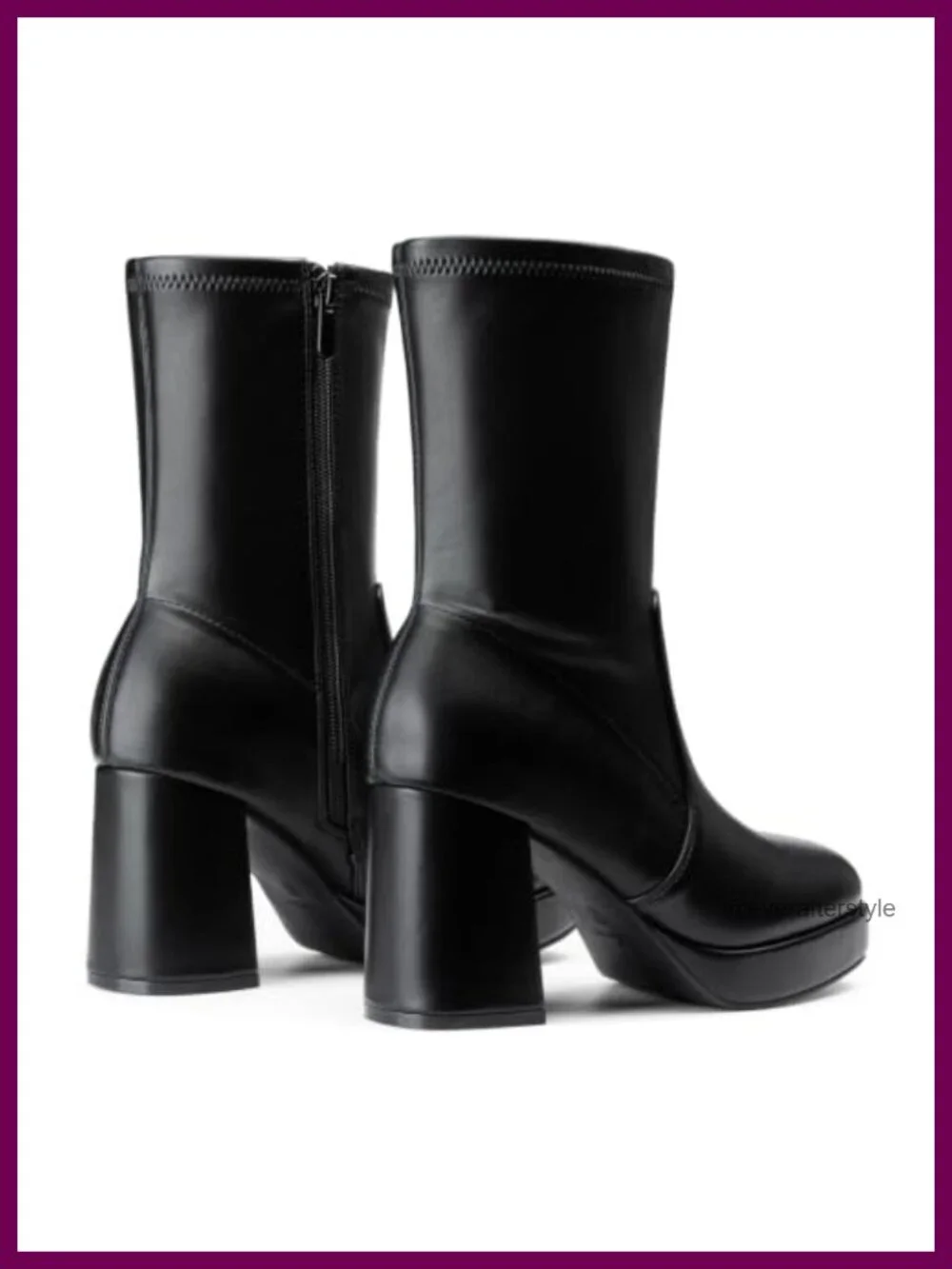 Stretch Mid Calf Platform Chunky Heel Boots Women's Square Toe Zip